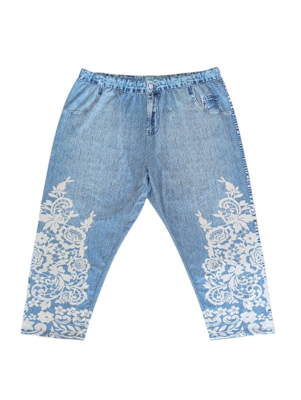 Faux Denim High Rise Floral Capri Pants 5XL Blue White